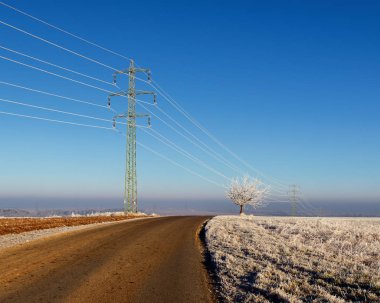 Elektrik pilon manzara içinde. Yüksek gerilim enerji hatları.
