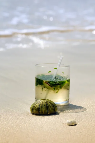 Detalle de bebida Mojito con concha marina en arena. Día soleado en la playa de Montego Bay, Jamaica — Foto de Stock