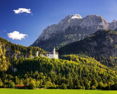 Neuschwanstein Şatosu doğal dağ manzarası yakınındaki Fussen, Bavyera, Almanya ile