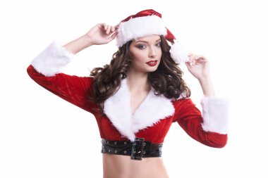 Beyaz arka plan üzerinde güzel Noel Baba kız.