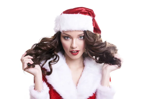 stock image Beautiful happy young Santa girl on white background.