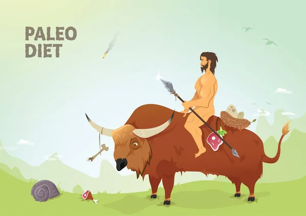 Paleo diyetinin çok kaliteli bir tasviri. Sığır eti avlayan bir bufalo sürücüsü. Tarih öncesi zamanlar.
