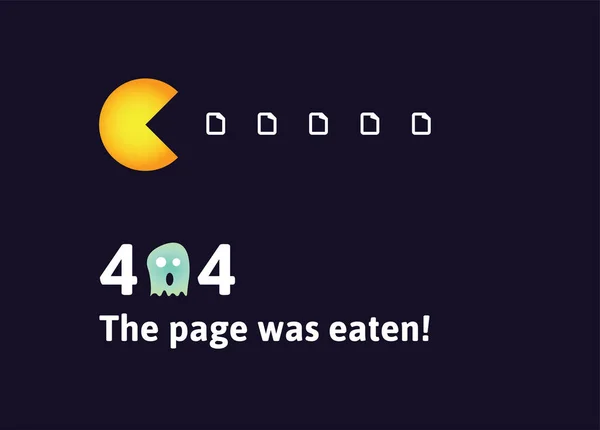Pacman ile 404 Hata sayfası. Sayfa bulunamadı. Bir şeyler ters gitti. Hata iletisi için şablon tasarımı. Sayfa yendi.