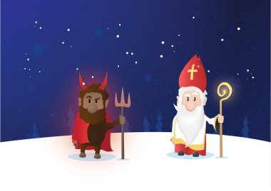 Küçük Aziz Nicholas, Nicolaus, Nikolaus ve parlayan asası. Nicolaus ve şeytan karakterler kışın arka planda.