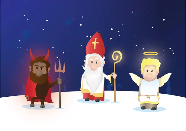 Küçük Aziz Nicholas, Nicolaus, Nikolaus ve parlayan asası. Nicolaus, melek ve şeytan karakterler..