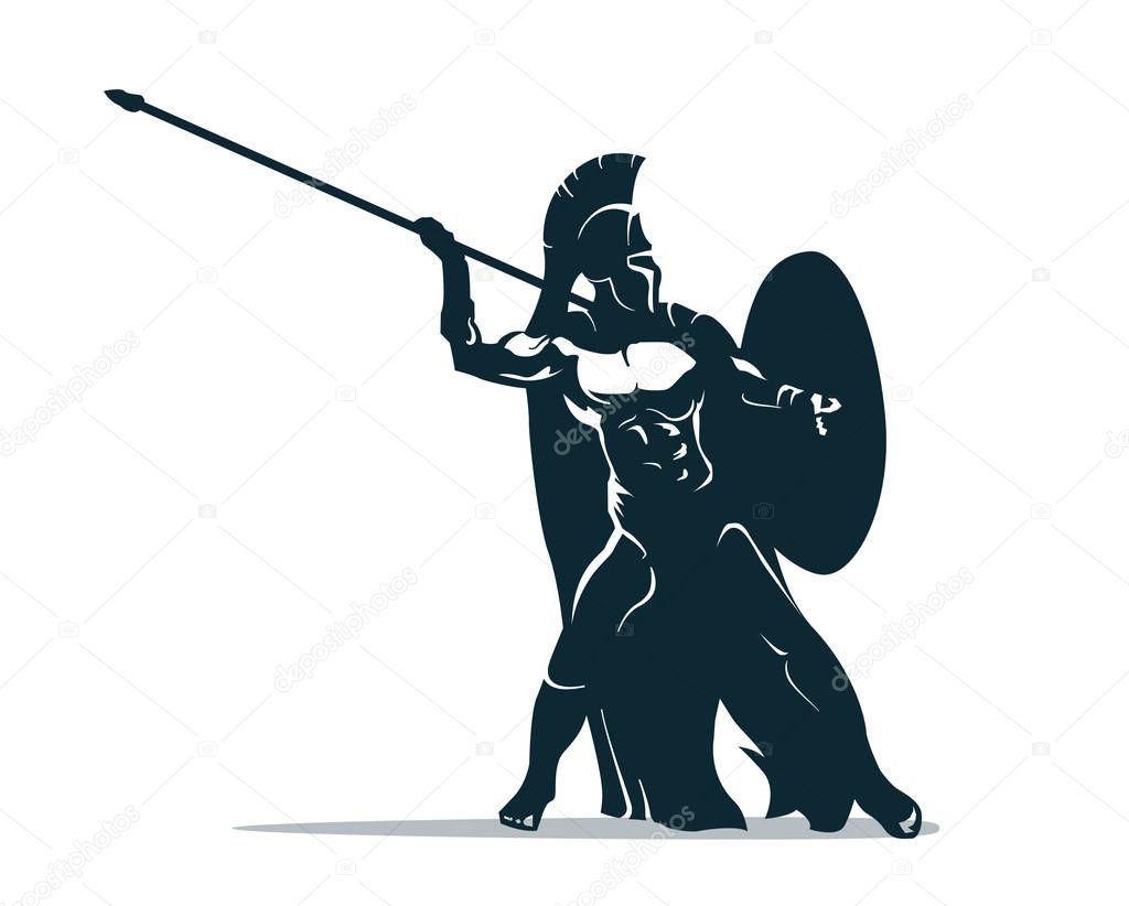 Spartan warrior stylized illustration. Warrior throws javelin.