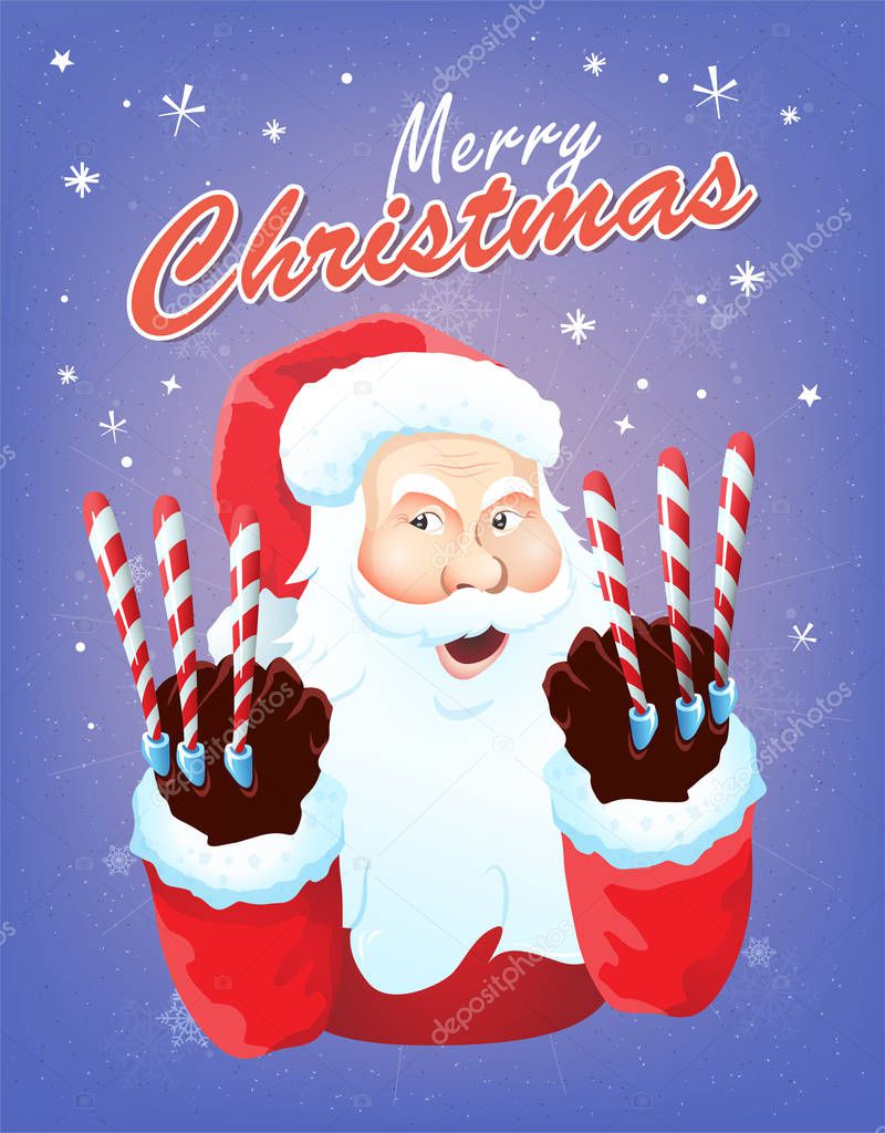 Santa Claus character on magic purple snowy background.
