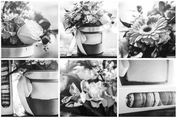 Flores e macaroons nas caixas — Fotografia de Stock