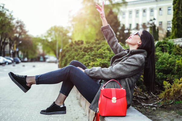 Woman with red backpack