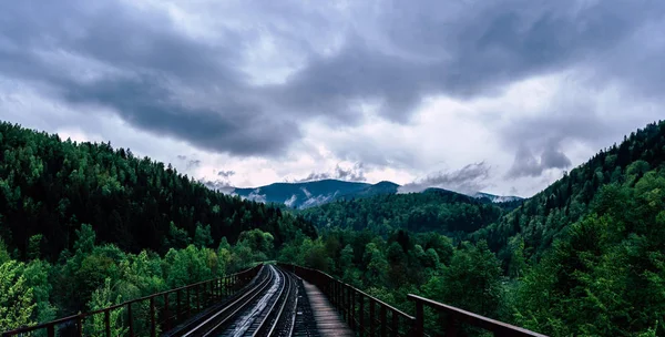 รถไฟในภูเขาที่มีท้องฟ้าเมฆ — ภาพถ่ายสต็อก