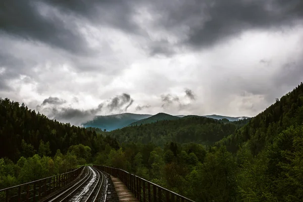 Jernbane i bjerge med overskyet himmel - Stock-foto