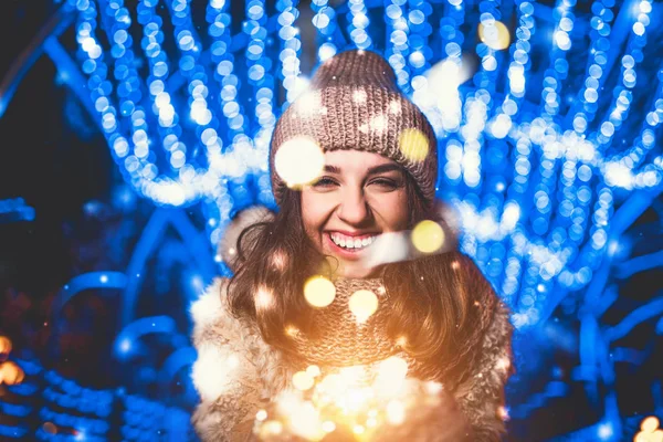 Outdoor Portrait Smiling Girl Knitted Hat Holding Christmas Lights Looking — Stock Photo, Image