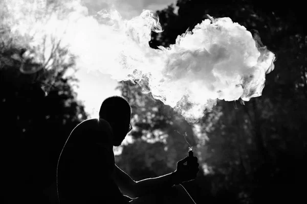 Man Beard Smoke Electronic Cigarette Outdoor Black White — Stock Photo, Image