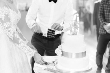 Güzel düğün çifti düğün pastası partisi ile