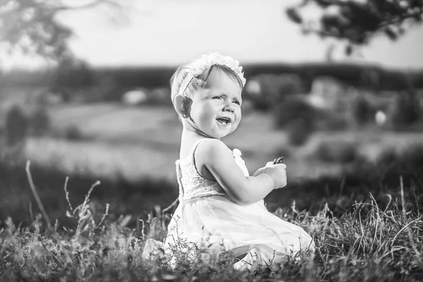 Cute Little Baby Girl Playing Outdoor Black White Photo — Stock Photo, Image