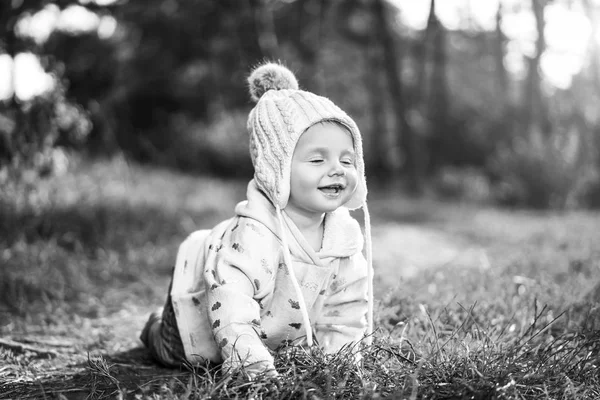 Cute Little Baby Girl Playing Outdoor Black White Photo — Stock Photo, Image