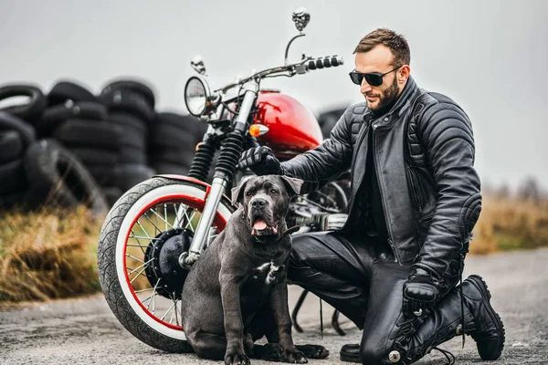 Biker em um terno de couro agachado perto de seu cão e motocicleta vermelha — Fotografia de Stock