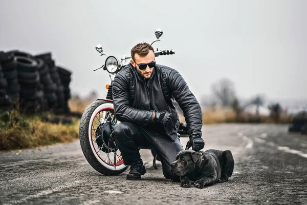 Biker im Lederanzug hockte neben Hund und rotem Motorrad — Stockfoto