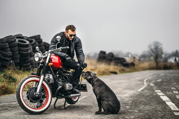 Brodatego mężczyznę w okularach przeciwsłonecznych i skórzanej kurtce uśmiechającego się siedząc na czerwonym motocyklu na drodze ze swoim psem. Za nim jest rząd opon. — Zdjęcie stockowe