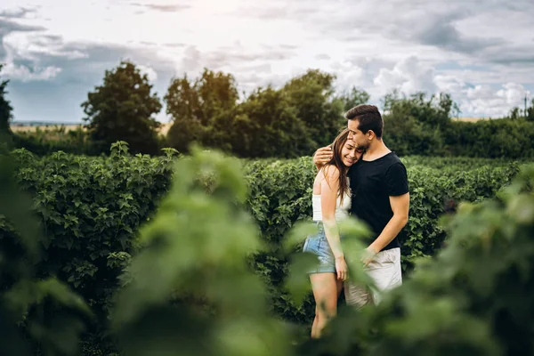 Jonge liefhebbende echtpaar, vrouw en man, zachtjes knuffelend met de ogen dicht op de achtergrond van groene bessenveld. Voorgrond met wazig blad — Stockfoto
