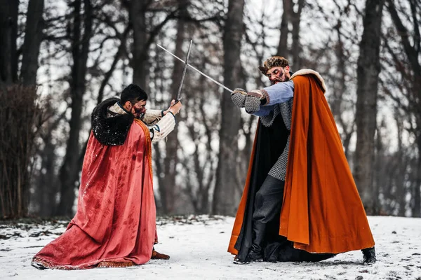 Batalha Dois Cavaleiros Vestes Coloridas Chapéus Perto Floresta Fortaleza Madeira — Fotografia de Stock