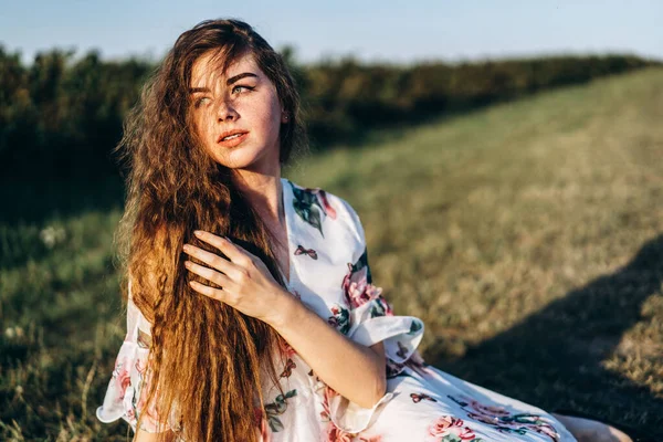 Young Girl Long Curly Hair Brunette Face Freckles Makeup Green — Stock Photo, Image