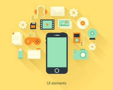 İçerik kavramı belgeleri ve aygıt içinde düz tasarım stili ile bir cep telefonu. Infographics ve Multimedya simgeler. Vektör çizim.