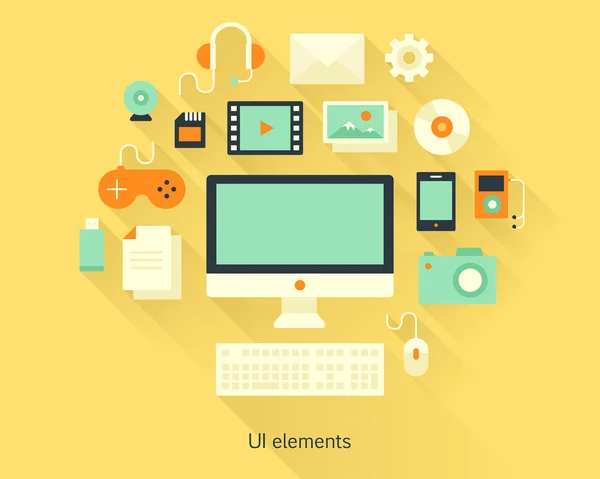 Monitoraggio concettuale dei contenuti con tastiera, documenti e dispositivi in stile flat design. Infografica e icone multimediali. Illustrazione vettoriale . — Vettoriale Stock