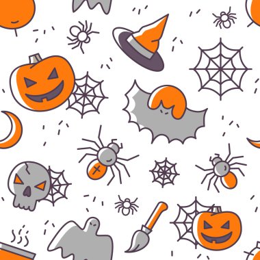 Cadılar Bayramı anahat simgeleri ile seamless modeli. Vektör çizim. Beyaz zemin üzerinde renkli simgeler. Pampkins, yarasa, kafatası, örümcekler ve web üzerinde açık renkli. Cadılar Bayramı kavramı.
