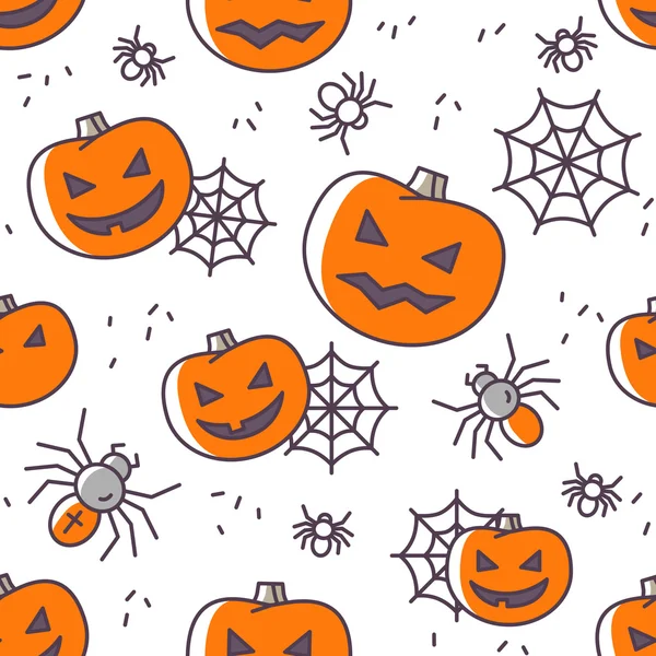 Halloween naadloze patroon met overzicht pictogrammen. Vectorillustratie. Kleurrijke pictogrammen op witte achtergrond. Schattige pampkins en spider web op lichte achtergrond. Halloween Concept. — Stockvector