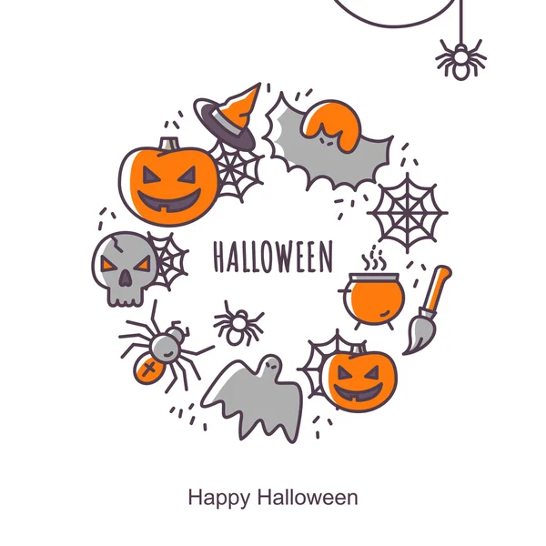 Halloween wenskaart met overzicht pictogrammen. Vectorillustratie. Kleurrijke pictogrammen ronde vorm samenstelling op witte achtergrond. Halloween Concept. — Stockvector