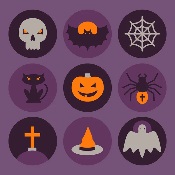 Set van Halloween plat pictogrammen. Vectorillustratie. Leuke gekleurde pictogrammen op ronde achtergronden. Halloween Concept. — Stockvector