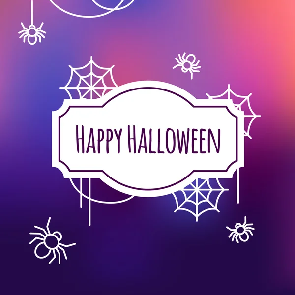 Halloween wenskaart met platte overzicht pictogrammen. Vectorillustratie. Witte contouren pictogrammen op vervagen paarse achtergrond. Halloween Concept. — Stockvector