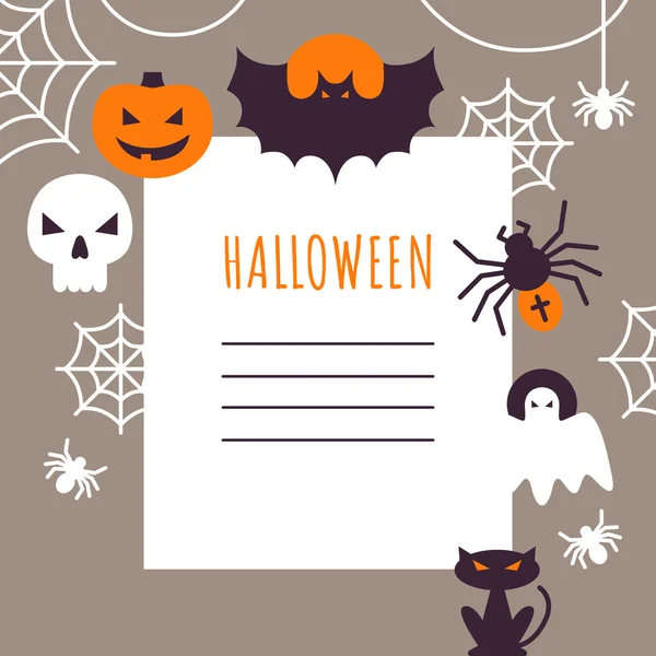 Halloween wenskaart met plat pictogrammen. Vectorillustratie. Plat pictogrammen op grijze achtergrond. Papier met tekst en halloween pictogrammen rond. Halloween Concept. — Stockvector