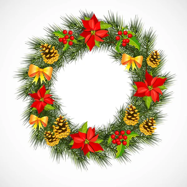 Boże Narodzenie wieniec z holly, Poinsecja i sosna szyszki — Wektor stockowy