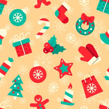 Noel vektör seamless modeli. Sarı bir arka plan üzerinde renkli düz simgeler. Kağıt ambalaj. Scrapbook kağıt. Noel çelenk, hediye, hollyberry, toplar, şeker