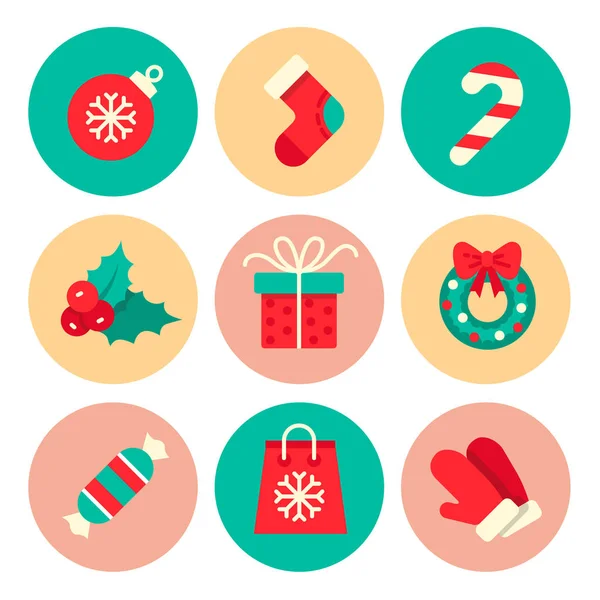 Kerst vector icons set. Kleurrijke platte Cristmas pictogrammen op ronde achtergronden. Vectorillustratie. Kerstmis en Nieuwjaar concept. — Stockvector