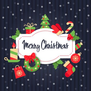 Noel vektör çizim. Kar, yazı ve simgeleri ile şirin tebrik kartı. Noel ve yeni yıl kavramı.