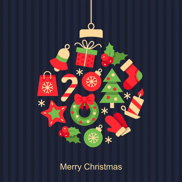 Kerst vectorillustratie. Witte contouren Cristmas pictogrammen op donkere achtergrond. Leuke wenskaart met kerst bal. — Stockvector