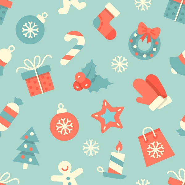 Christmas vektor sömlösa mönster. Färgglada platt ikoner på en blå bakgrund. Omslagspapper. Scrapbook papper. Gåva, bollar, hollyberry, Christmas Krans, godis — Stock vektor