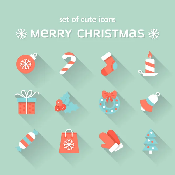 Kerst vector icons set. Platte Cristmas pictogrammen met lange schaduwen op lichte blauwe achtergrond. Vectorillustratie. Kerstmis en Nieuwjaar concept. — Stockvector