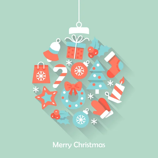Kerst vectorillustratie. Kleurrijke plat pictogrammen met lange schaduwen op lichte blauwe achtergrond. Leuke wenskaart met kerst bal. — Stockvector