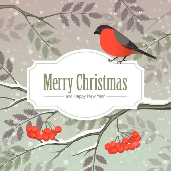 Vector illustration. Bullfinch and branches of viburnum. Frame with lettering. Merry Christmas and Happy New Year. — Stock Vector