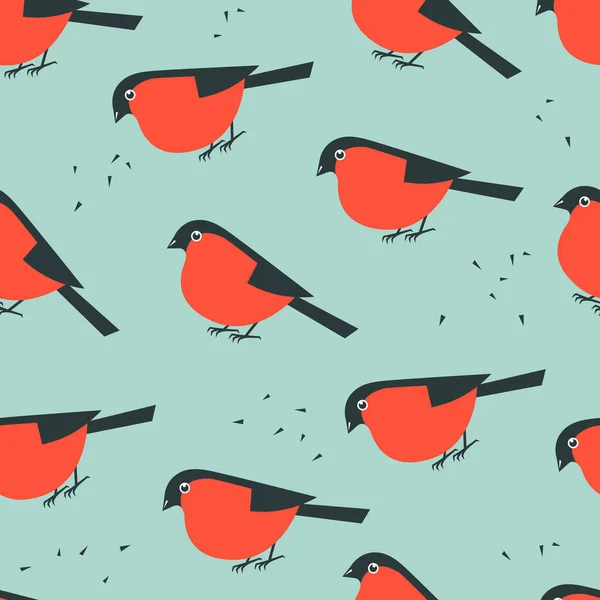 Vektor varrat nélküli mintát piros rajzfilm madarak. Aranyos sík illusztráció bullfinches a világos kék háttér. Téli szezonban. Karácsony és újév — Stock Vector