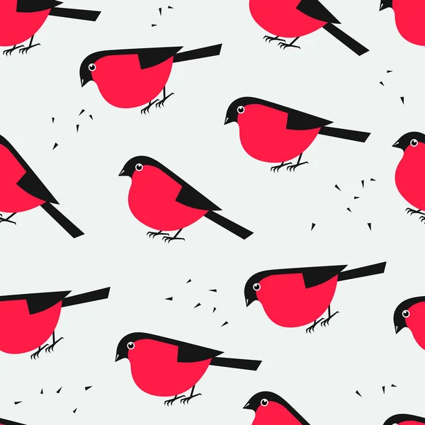 Vector seamless pattern with red cartoon birds. Cute illustration with bullfinches on a light background. Winter season. Christmas and  New Year time — Stock Vector