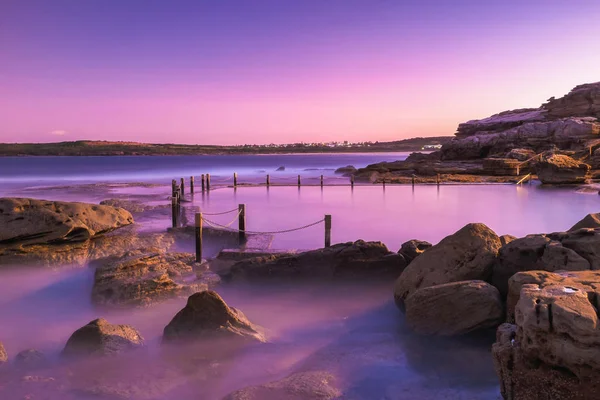 Lunga Esposizione Mahon Piscina Rocciosa Maroubra Australia Tramonto Time Cielo — Foto Stock