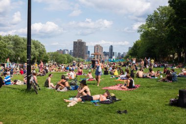 MONTREAL, CANADA - 6 Temmuz 2015: Tam-Tams, Kanada 'nın Quebec eyaletinin Montreal kentindeki Mount Royal Park' taki George-Etienne Cartier Anıtı etrafında düzenlenen haftalık ücretsiz bir festivaldir. İsmi davul seslerini taklit eder.. 