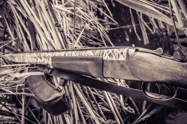 Bir av tüfeğinin yakın çekimi - oyma ve av silahının küçük ayrıntıları