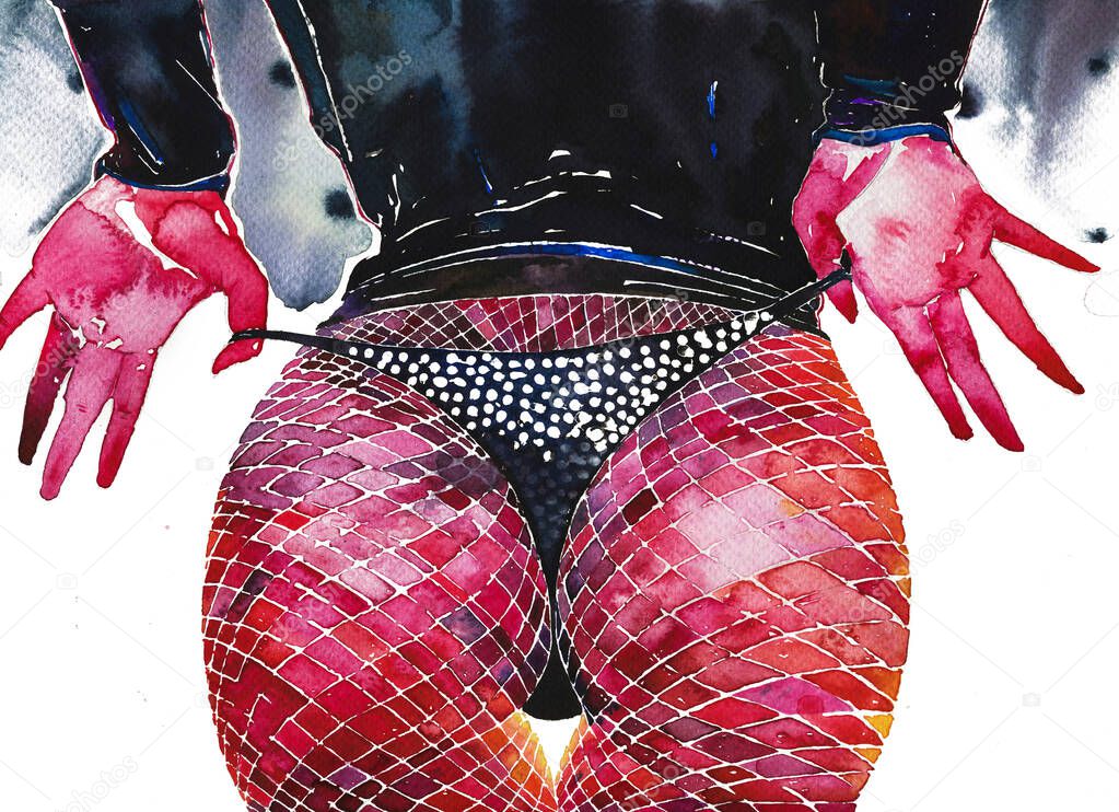 Woman wearing sexual underwear back view watercolor illustration