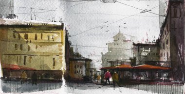 Güzel şehir meydanında yürüyen insanlar suluboya resimler çiziyor.